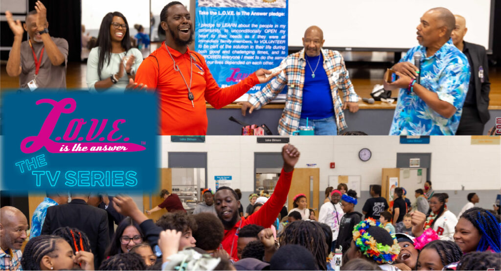 Collage style photographs of a L.O.V.E. Is The Answer event at Elkhorn Middle School with the logo.